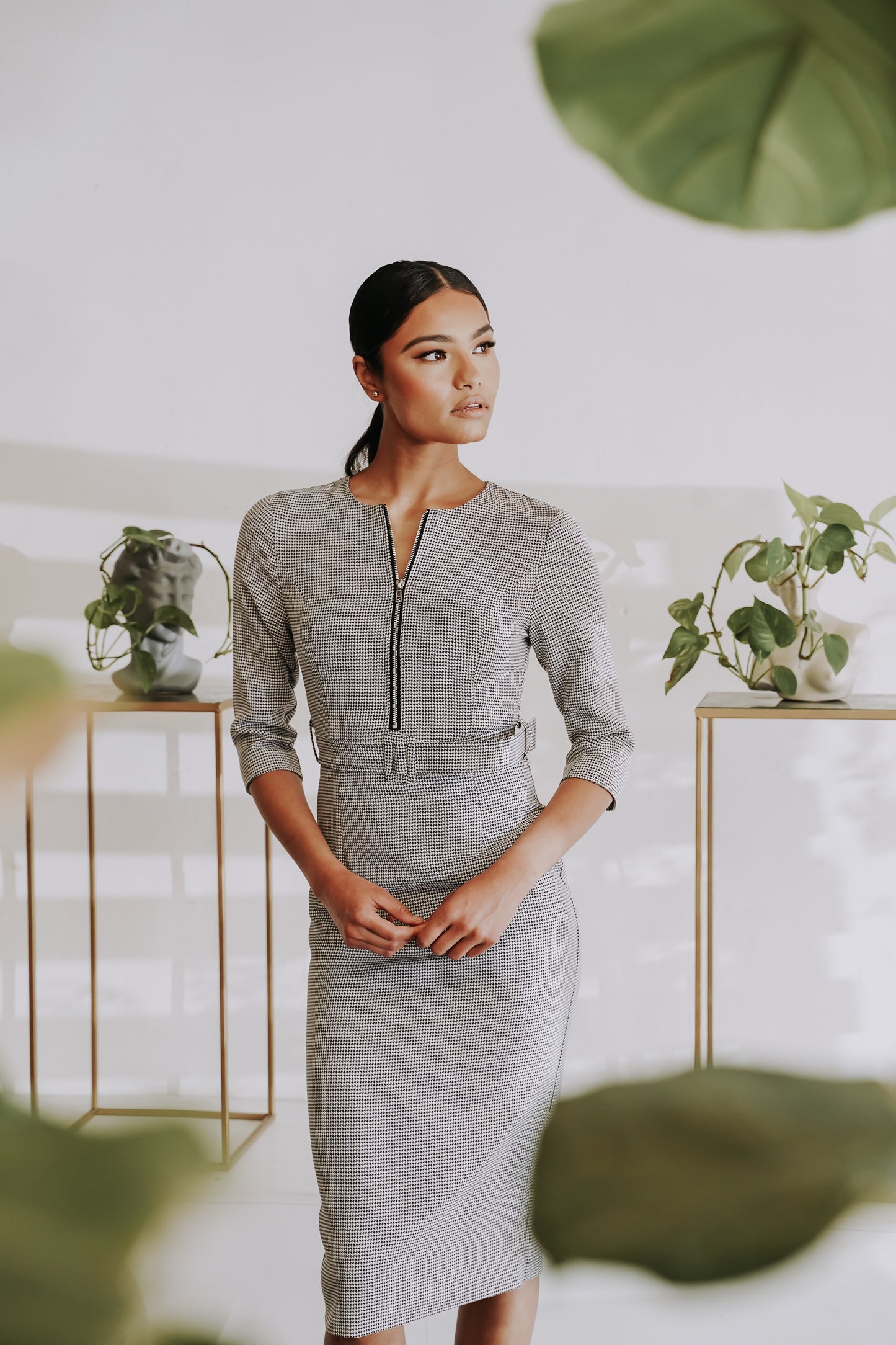 Black and White Work Midi Dress Checkered Work Dress