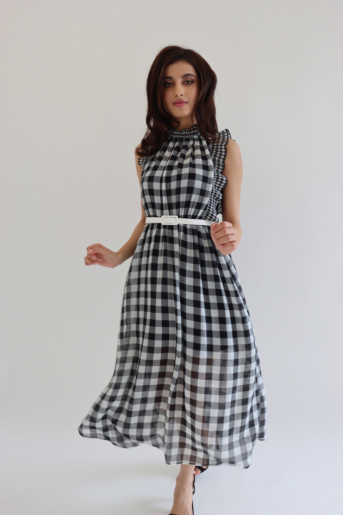 Ana High Neck Gingham Print Midi Dress