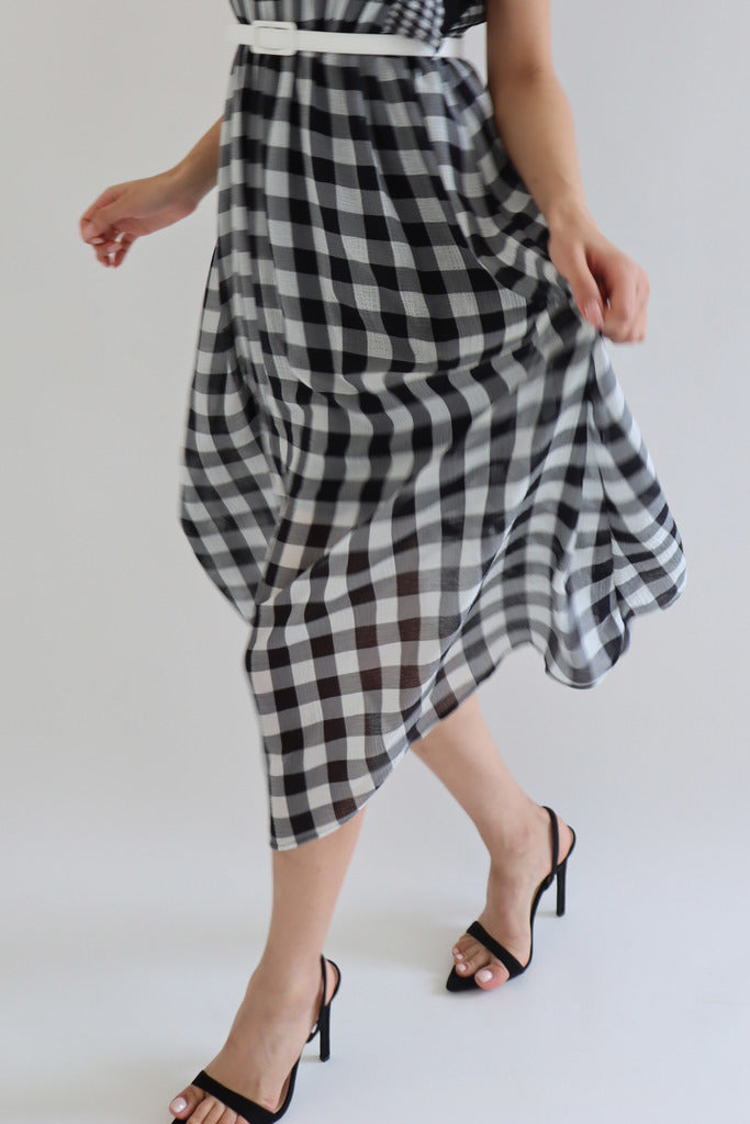 Ana High Neck Gingham Print Midi Dress