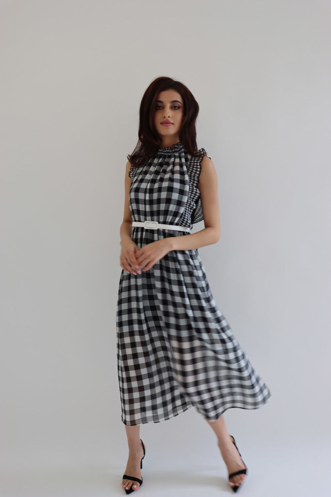 Ana High Neck Gingham Print Midi Dress