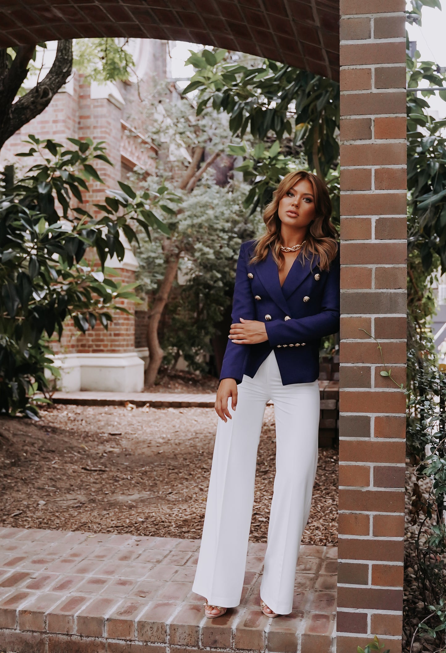 Womens Work Navy Double Breasted Blazer with Gold Buttons