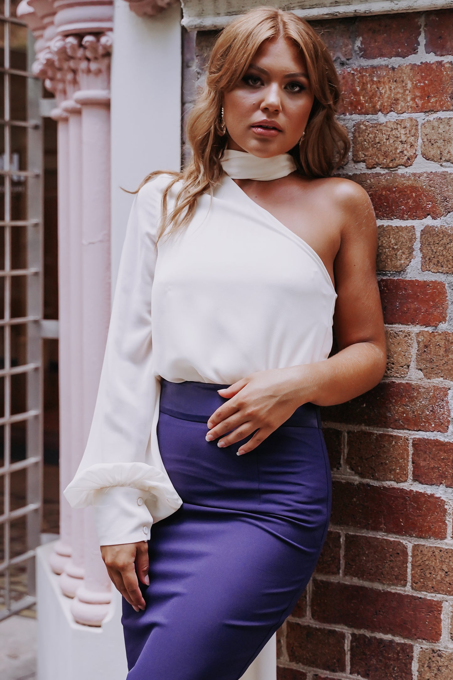 Cream One Shoulder Blouse with Scarf-Neck Tie