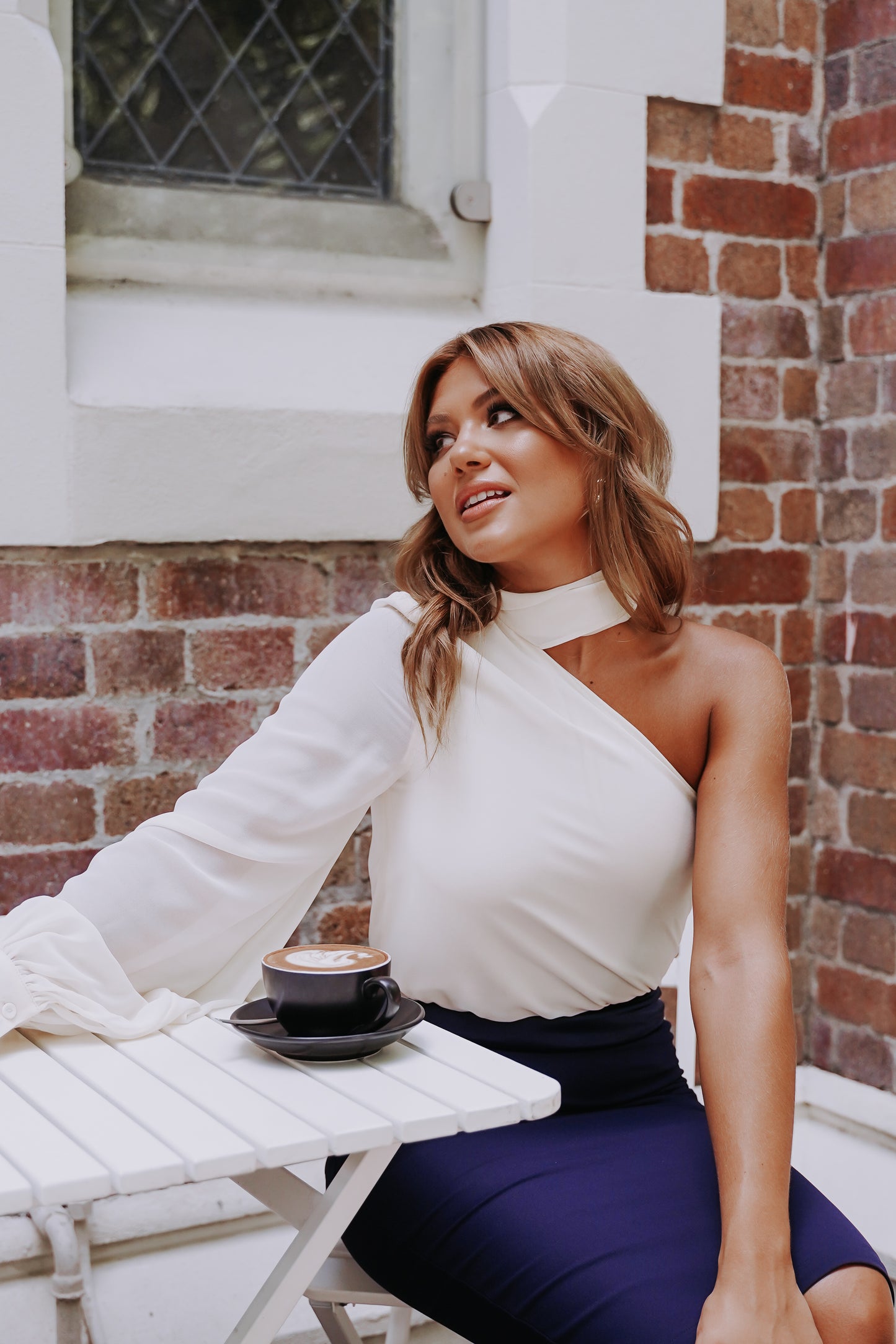 Cream One Shoulder Blouse with Scarf-Neck Tie