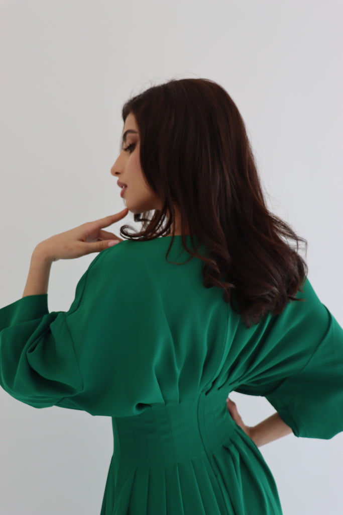 Green Puff Sleeve Midi Dress with Belt