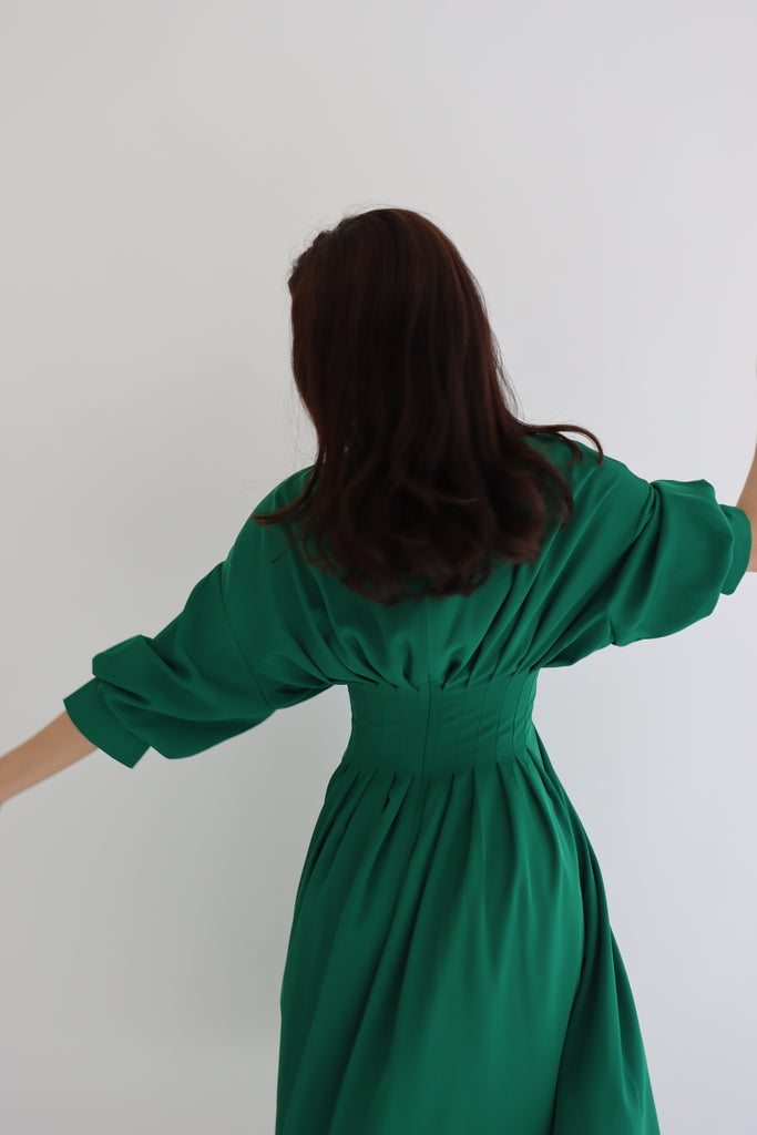 Green Puff Sleeve Midi Dress with Belt