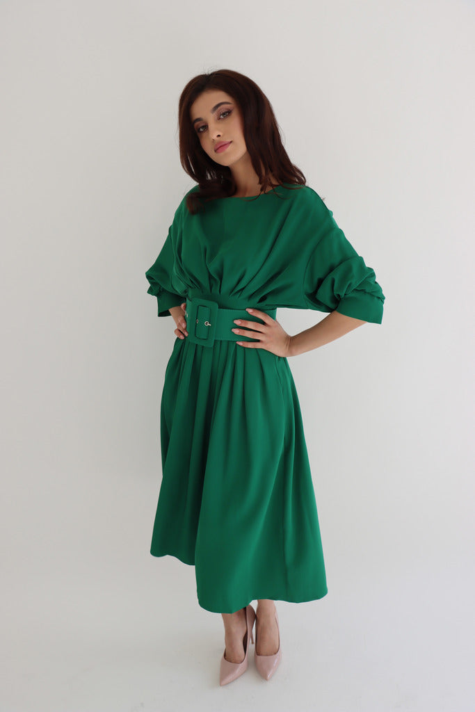 Green Puff Sleeve Midi Dress with Belt