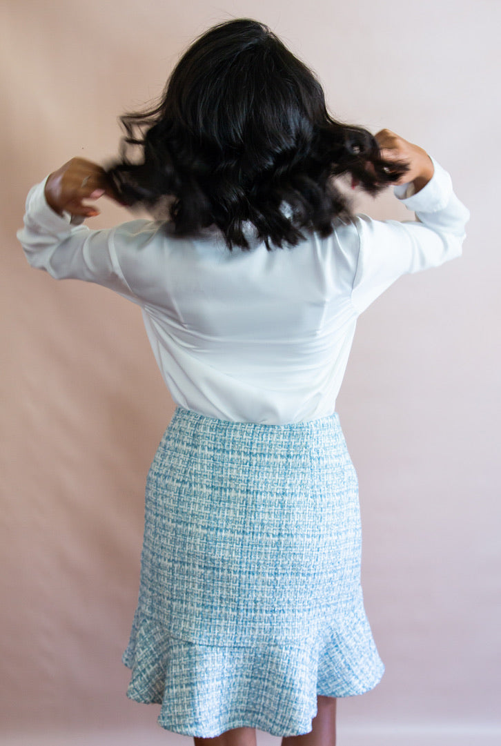Women's Blue Tweed Fit and Flare Skirt