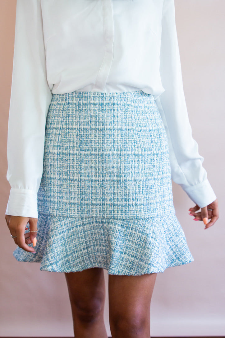 Women's Blue Tweed Fit and Flare Skirt