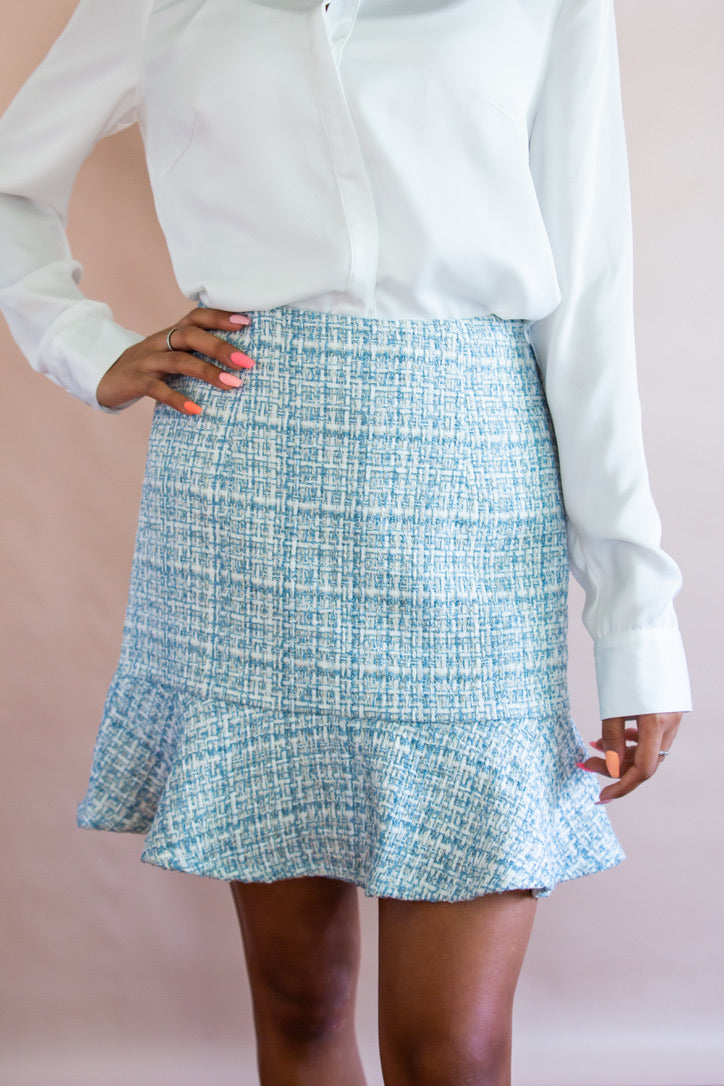 Women's Blue Tweed Fit and Flare Skirt