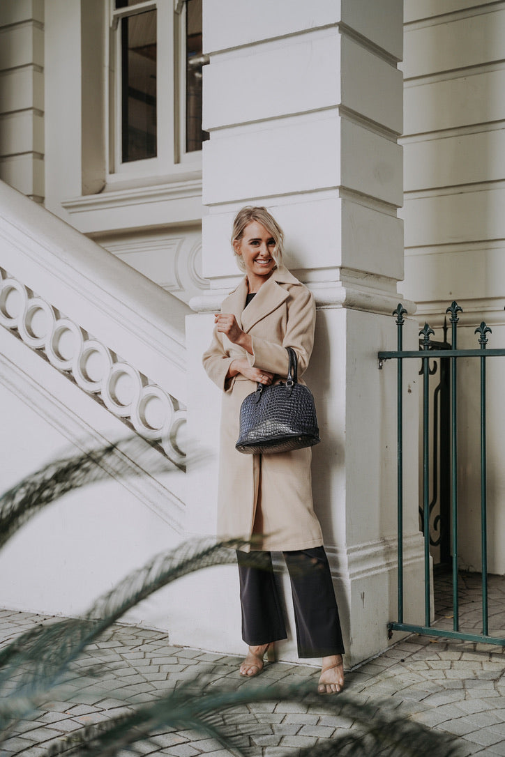 Womens Camel Winter Work Coat with Obi Belt