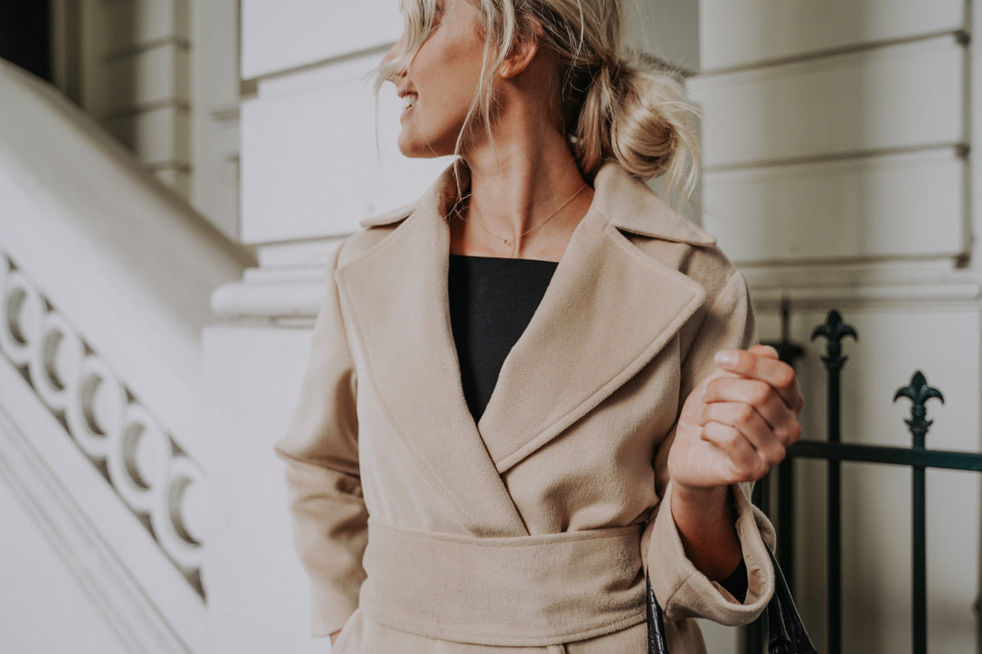 Womens Camel Winter Work Coat with Obi Belt