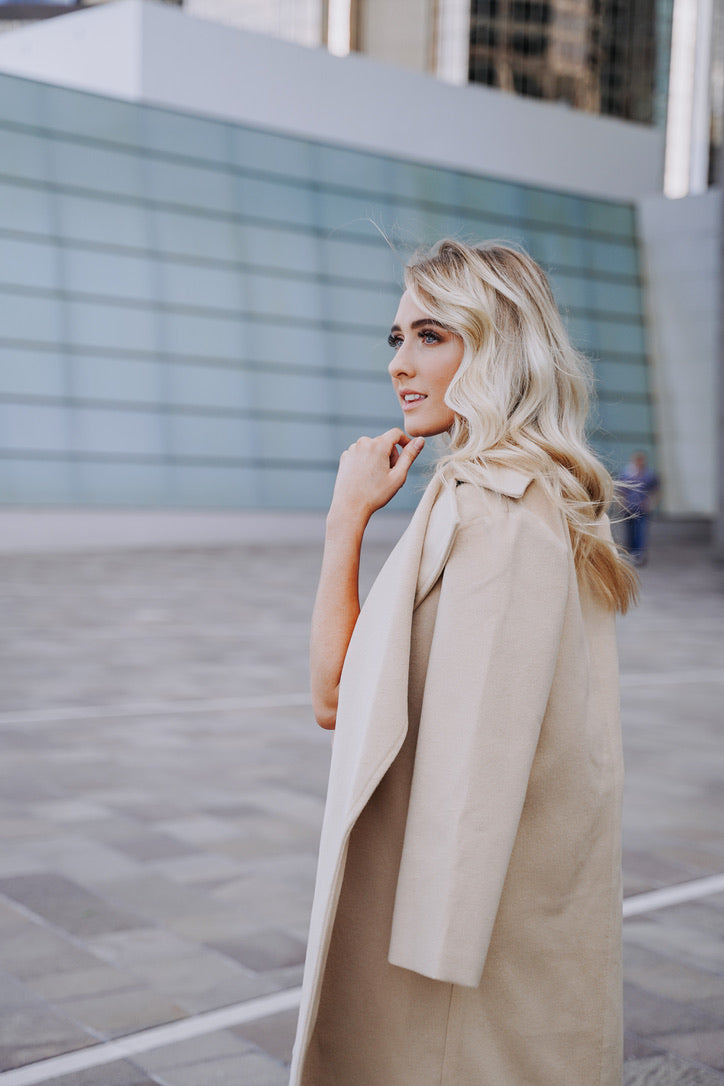 Womens Camel Winter Work Coat with Obi Belt