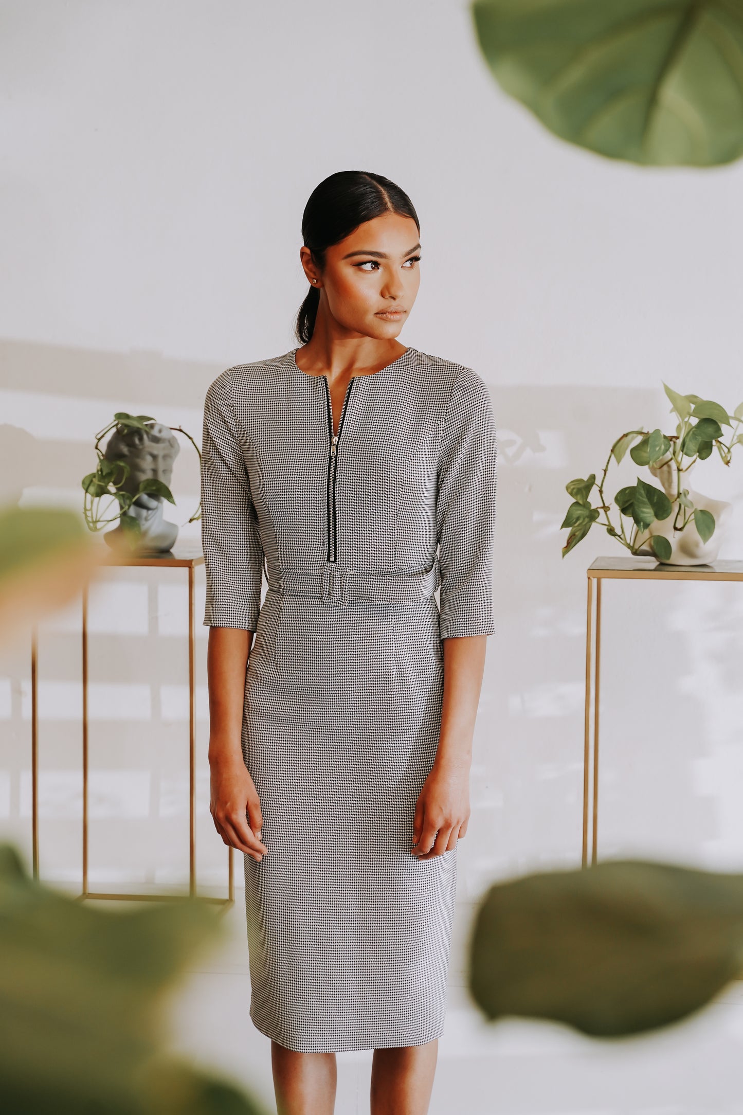 Black and White Work Midi Dress Checkered Work Dress