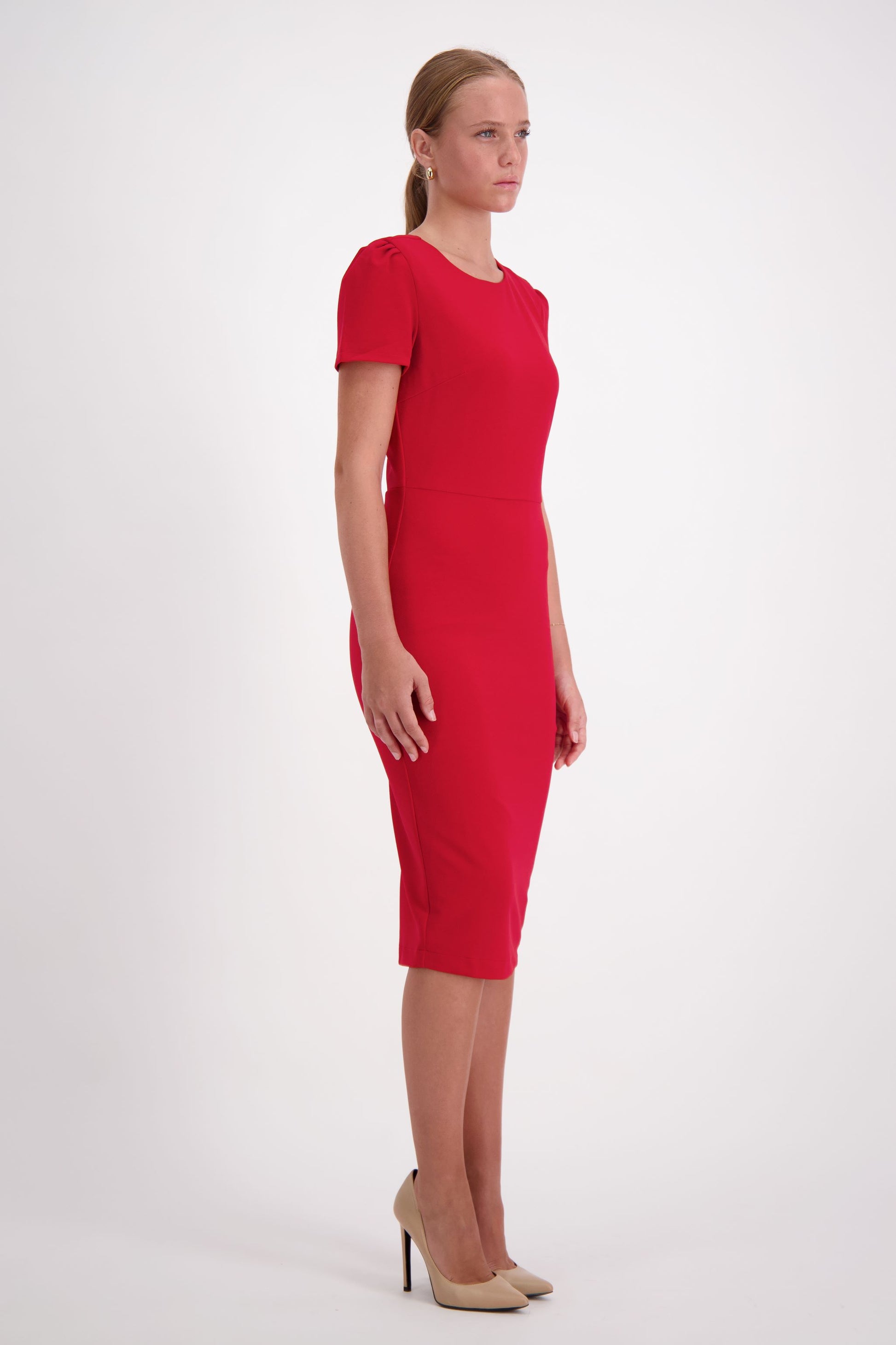 Andrea Womens Red Work Dress, midi length with Gold Zip Miss Mtier Andrea Womens Red Work Dress, midi length with Gold Zip Miss Mtier