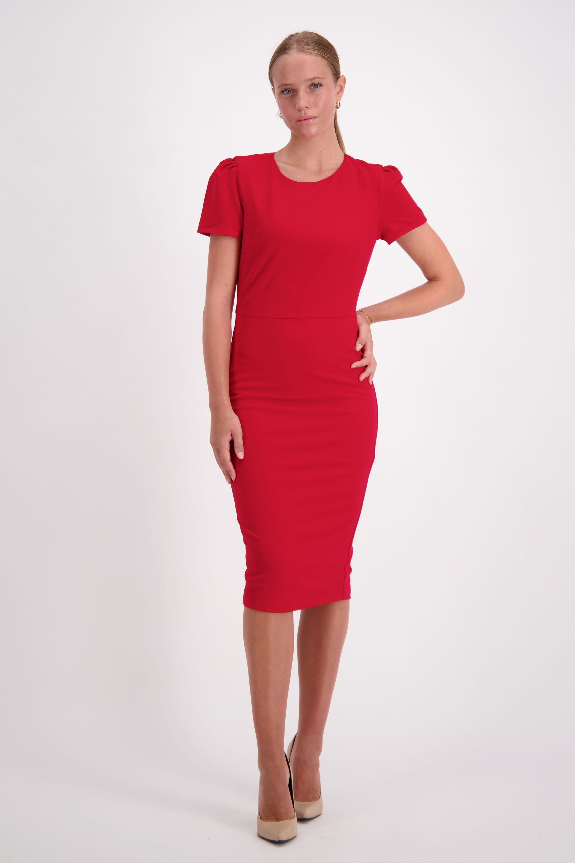 Andrea Womens Red Work Dress, midi length with Gold Zip Miss Mtier Andrea Womens Red Work Dress, midi length with Gold Zip Miss Mtier