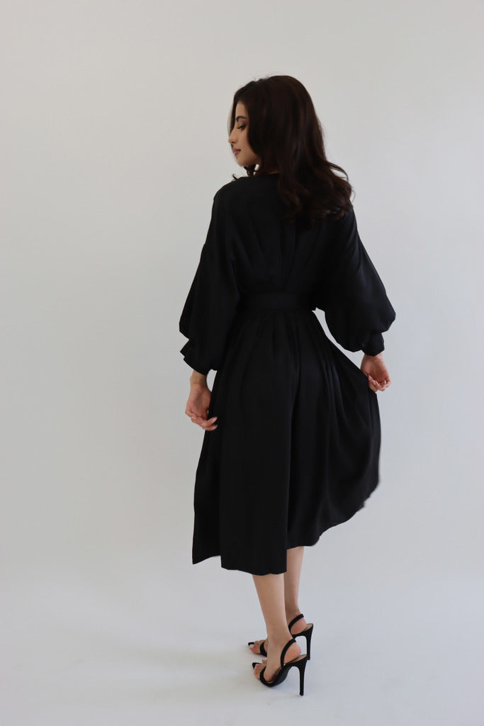 Belted Black Puff Sleeve Midi Dress for Work