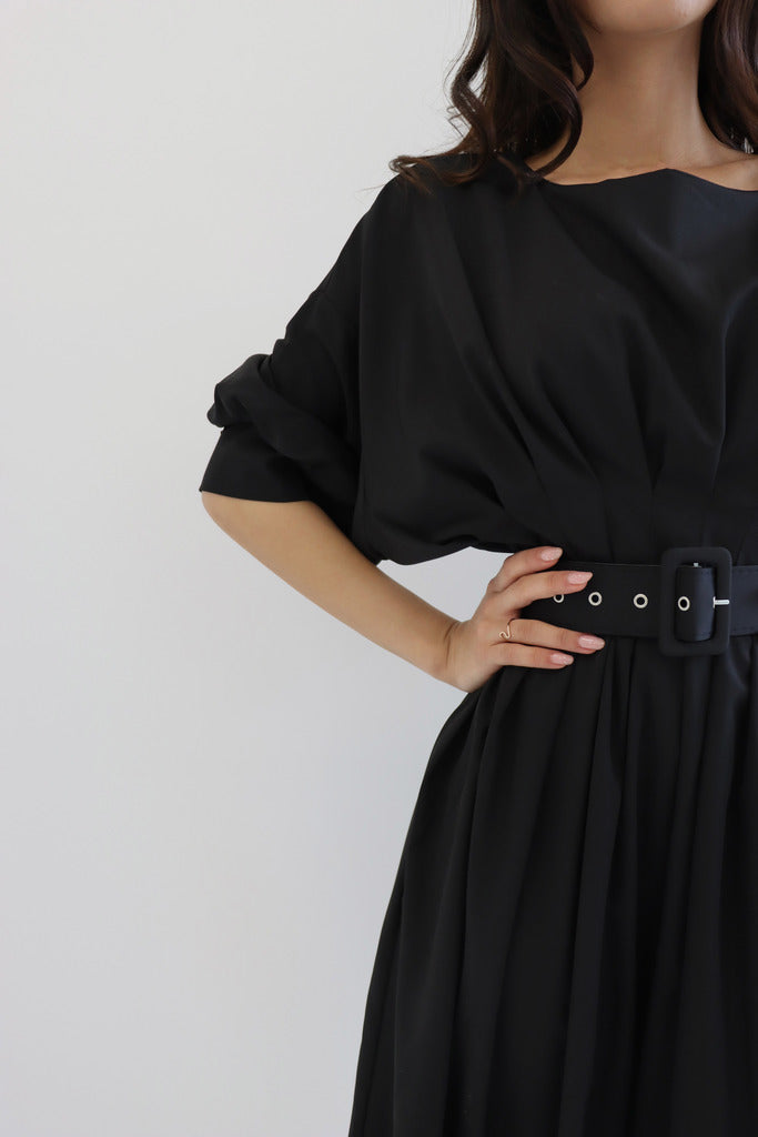 Belted Black Puff Sleeve Midi Dress for Work