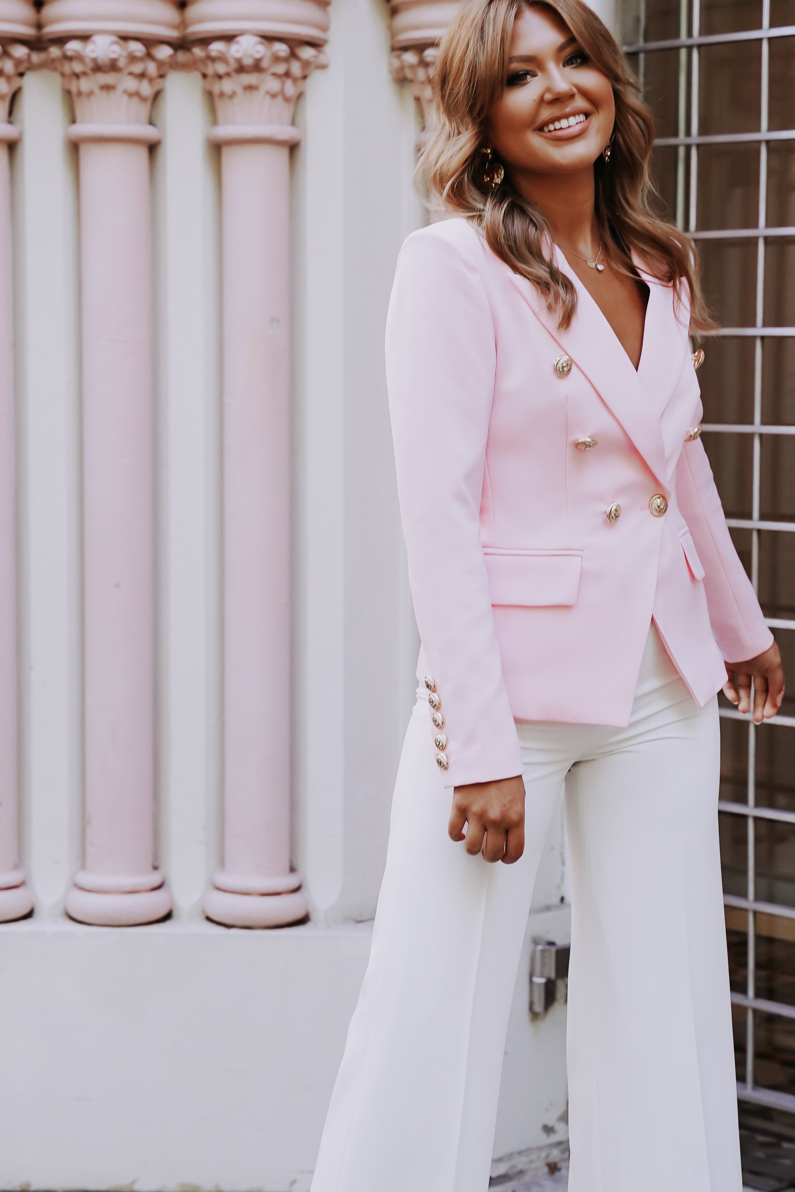 Pink blazer 2024 white buttons