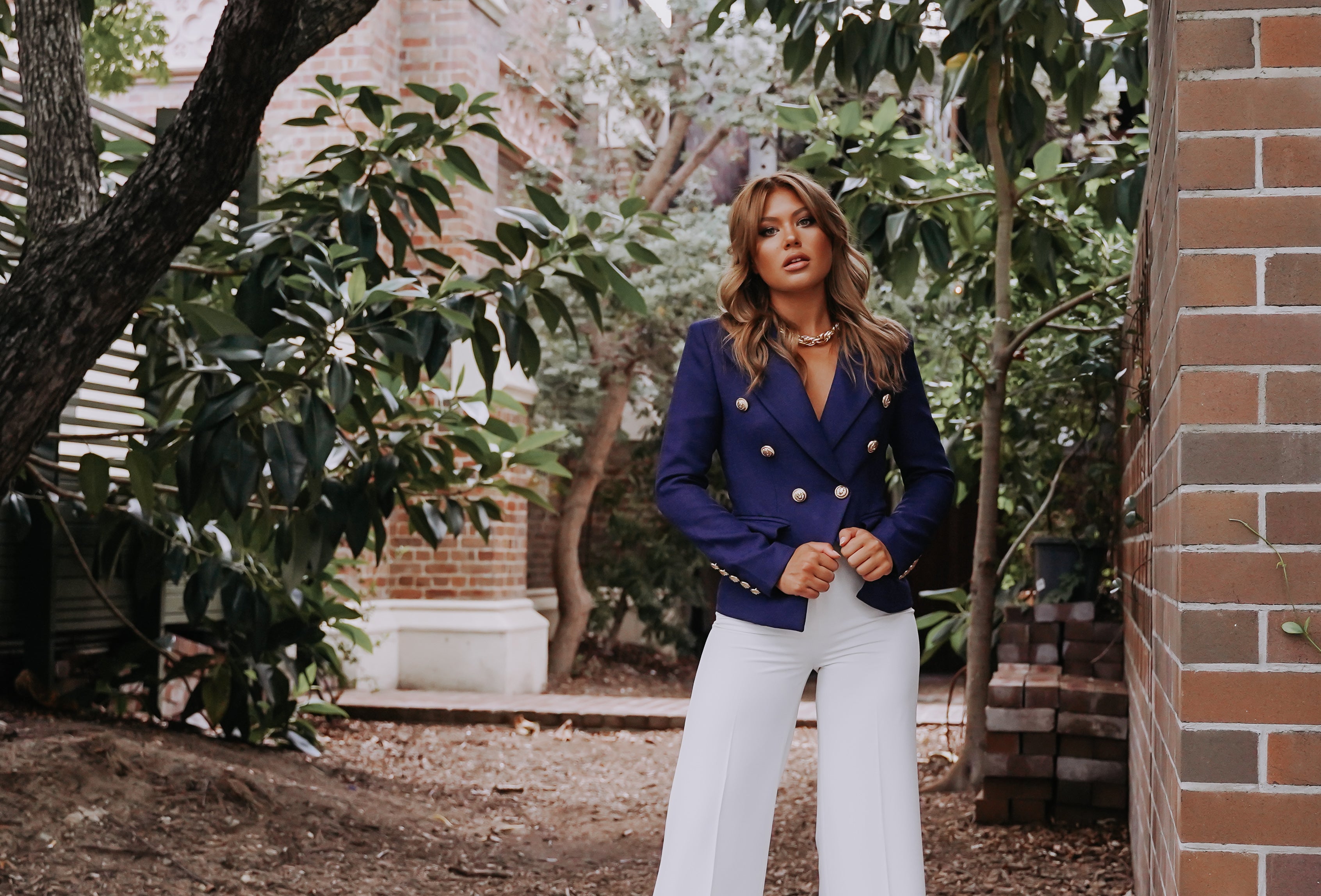 Ladies navy blue hot sale blazer with gold buttons