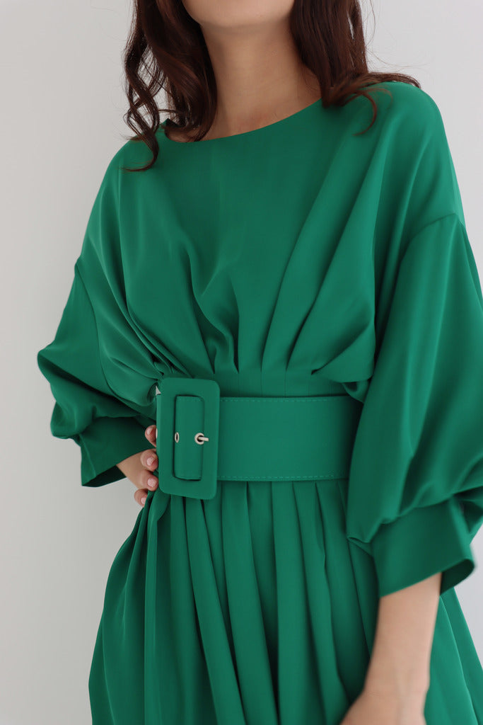 Green Puff Sleeve Midi Dress with Belt