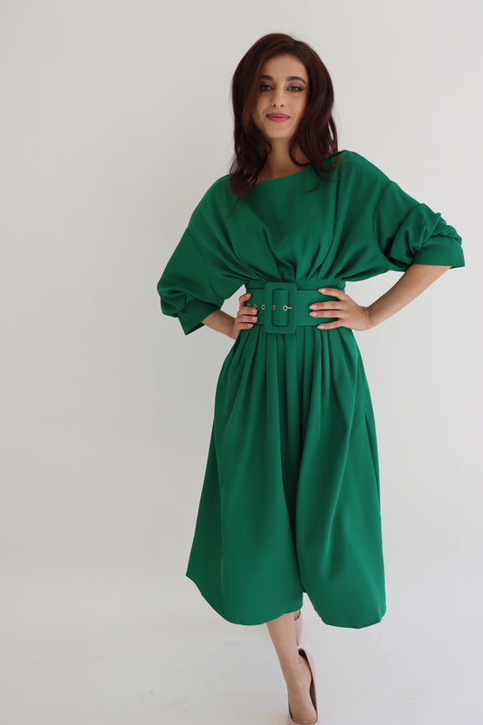 Green Puff Sleeve Midi Dress with Belt