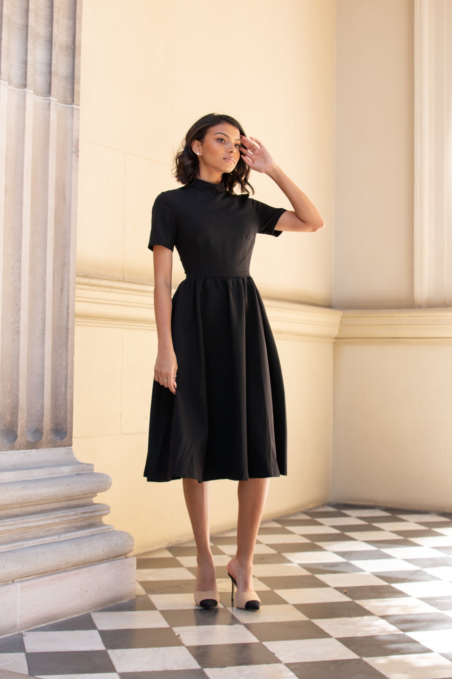 The Savannah Dress - Women's Fit and Flare Work Midi Black Dress