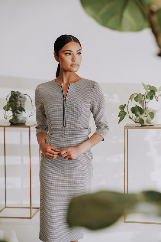 Black and White Work Midi Dress Checkered Work Dress