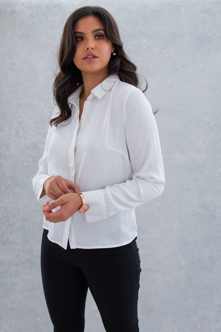 Women's White Collared Work Blouse with Buttons
