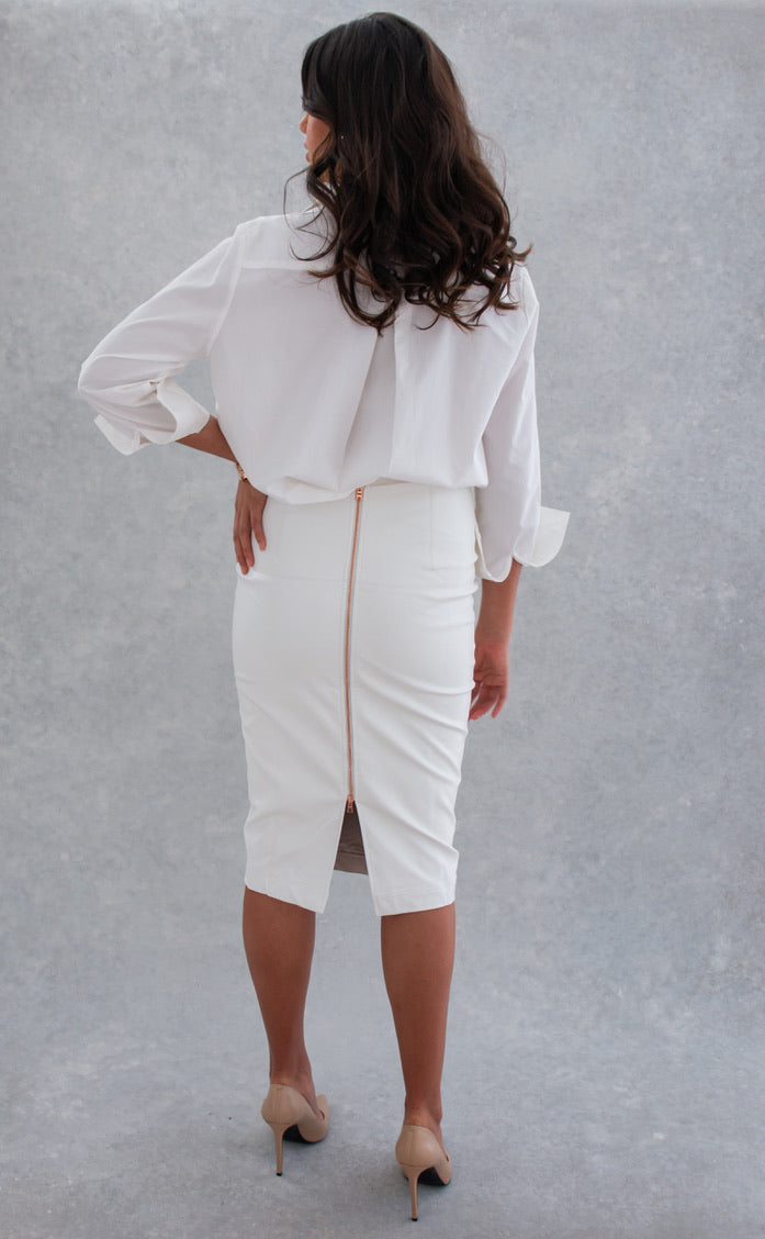 Women's Work White Cotton Blouse - V Neck Long Sleeve Cotton Blouse. Wide cuff Women's white blouse