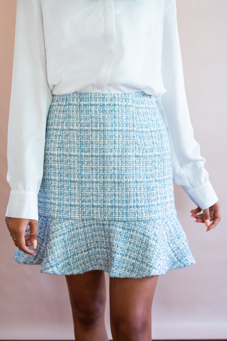 Women's Blue Tweed Fit and Flare Skirt 