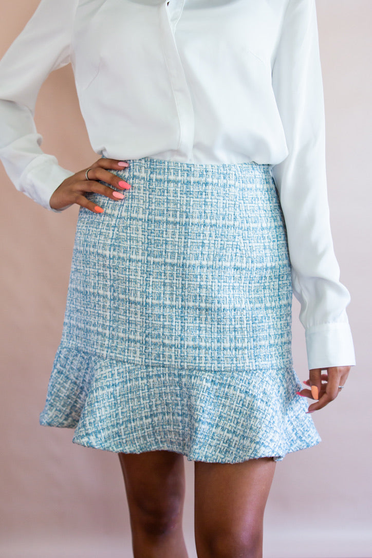 Women's Blue Tweed Fit and Flare Skirt 